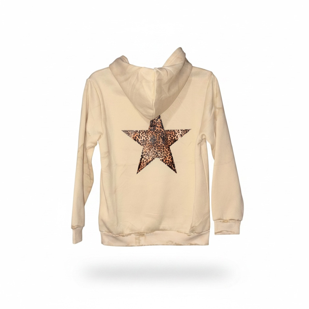 Leopard Print Star Graphic Y2K Oversized Hooded Sweatshirt Beige 11Y